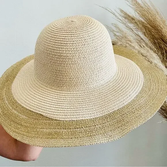 VINTAGE NORDSTROM Cream Tan Straw Wide Brim Floppy Gold Metallic Ribbon Sun Hat - Picture 2 of 10